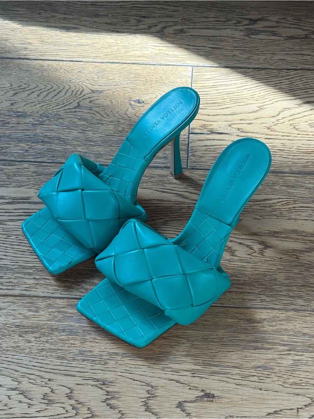 Bottega Veneta Teal Woven Padded Mule Heels